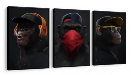Kit 3 Quadros Decorativos Gangue dos Macacos Sábios Moldura