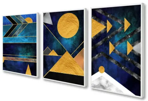 Kit 3 Quadros Decorativos Geométrico Azul Abstrato Moldura