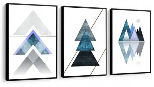 Kit 3 Quadros Decorativos Geométrico Abstrato Azul Moldura