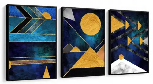 Kit 3 Quadros Decorativos Geométrico Azul Abstrato Moldura