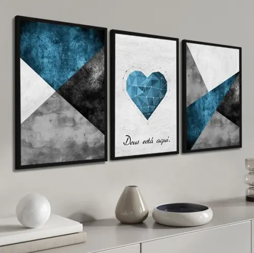 Kit 3 Quadros Decorativos Geométrico Azul Frases Com Moldura
