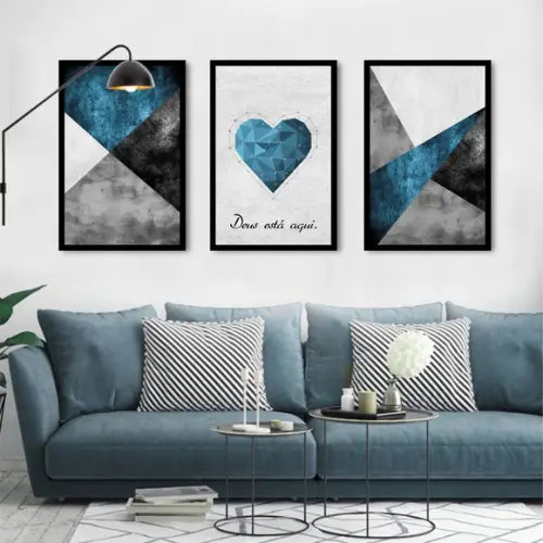 Kit 3 Quadros Decorativos Geométrico Azul Frases Com Moldura