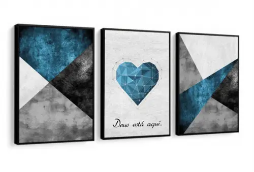 Kit 3 Quadros Decorativos Geométrico Azul Frases Com Moldura