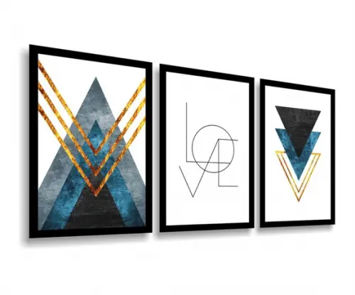 Kit 3 Quadros Decorativos Geométrico Azul Love Casal Moldura