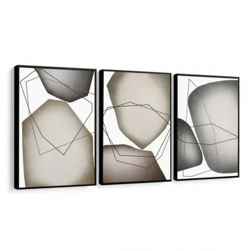 Kit 3 Quadros Decorativos Geométrico Cinza Moderno Moldura