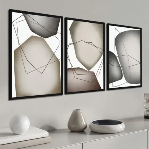 Kit 3 Quadros Decorativos Geométrico Cinza Moderno Moldura