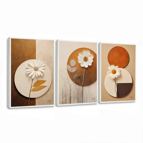 Kit 3 Quadros Decorativos Geométrico Flores Modernas Moldura