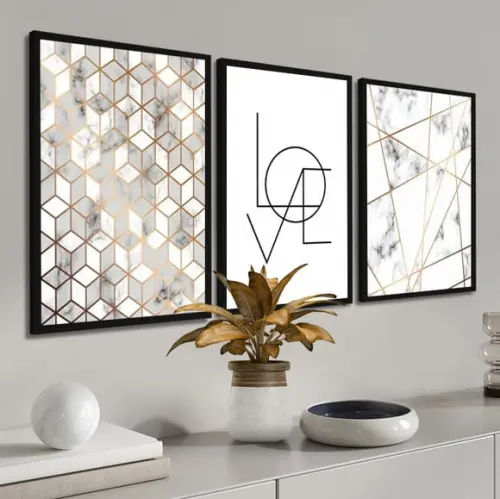 Kit 3 Quadros Decorativos Geométrico Love Mármore Molduras