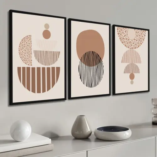 Kit 3 Quadros Decorativos Geométrico Marrom Boho com Moldura