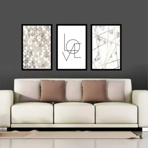 Kit 3 Quadros Decorativos Geométrico Love Mármore Molduras