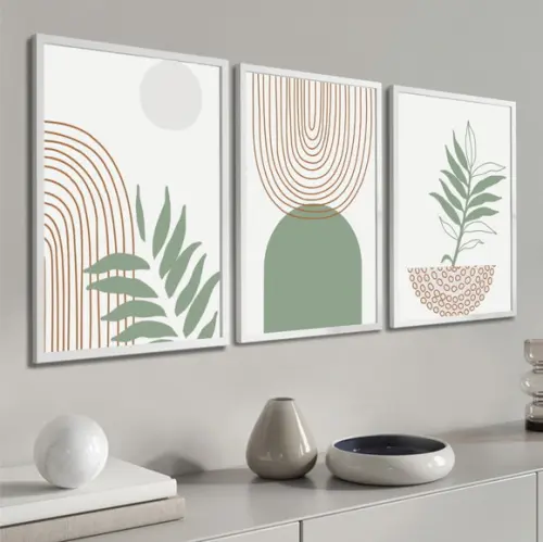 Kit 3 Quadros Decorativos Geométrico Moderno Folhas Moldura