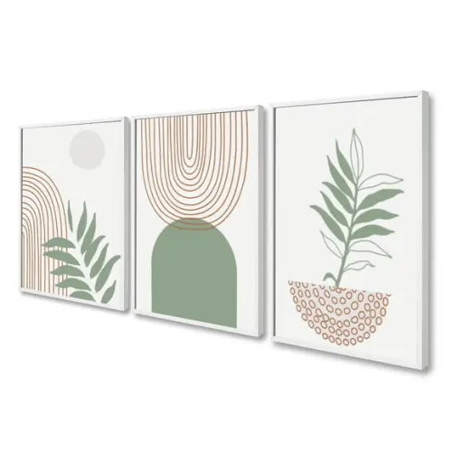 Kit 3 Quadros Decorativos Geométrico Moderno Folhas Moldura