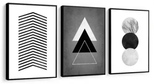 Kit 3 Quadros Decorativos Geométrico Preto e Branco Moldura