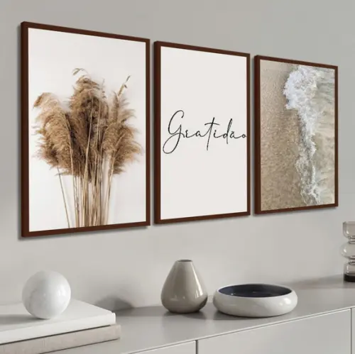 Kit 3 Quadros Decorativos Gratidão Folhas Bege Boho Moldura