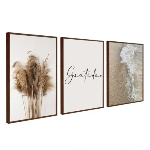 Kit 3 Quadros Decorativos Gratidão Folhas Bege Boho Moldura