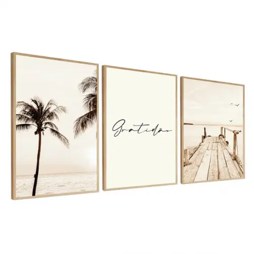Kit 3 Quadros Decorativos Gratidão Mar Paisagem Boho Moldura