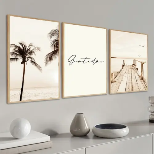 Kit 3 Quadros Decorativos Gratidão Mar Paisagem Boho Moldura