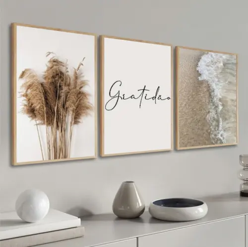 Kit 3 Quadros Decorativos Gratidão Praia Mar Boho Moldura