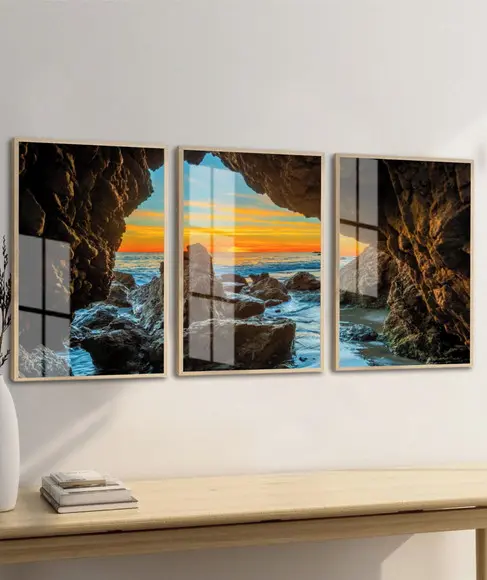Kit 3 Quadros Decorativos Gruta do Amor Praia Moldura Vidro