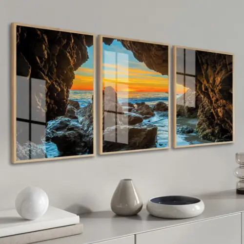 Kit 3 Quadros Decorativos Gruta do Amor Praia Moldura Vidro