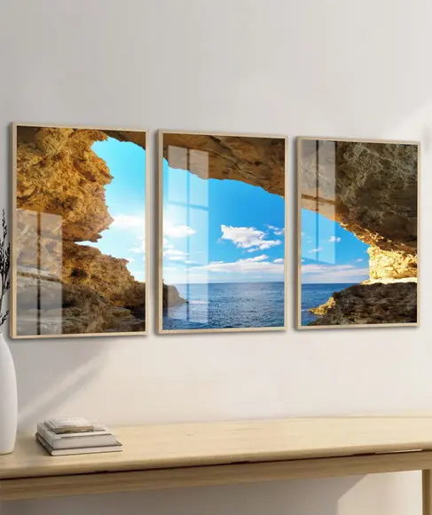 Kit 3 Quadros Decorativos Gruta Mar Paisagem Moldura e Vidro