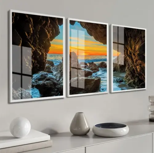 Kit 3 Quadros Decorativos Gruta Paisagem Praia Moldura Vidro
