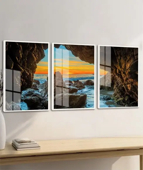 Kit 3 Quadros Decorativos Gruta Paisagem Praia Moldura Vidro