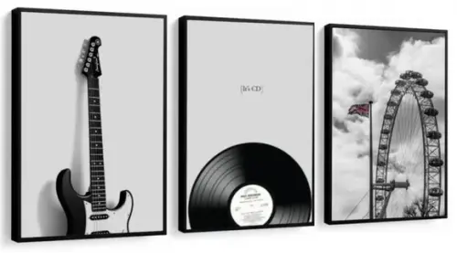Kit 3 Quadros Decorativos Guitarra Disco Vintage Quarto Sala