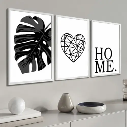 Kit 3 Quadros Decorativos Home Folhagem Coração Com Moldura