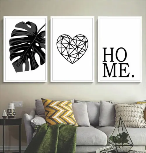 Kit 3 Quadros Decorativos Home Folhagem Coração Com Moldura