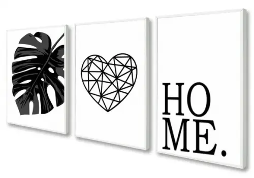 Kit 3 Quadros Decorativos Home Folhagem Coração Com Moldura