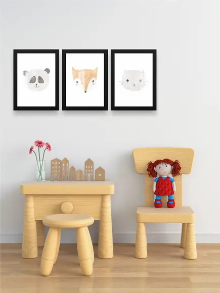 Kit 3 Quadros Decorativos Infantil Animais Moldura e Vidro