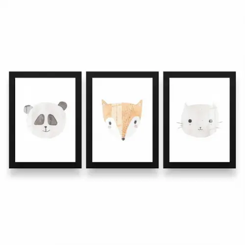 Kit 3 Quadros Decorativos Infantil Animais Moldura e Vidro