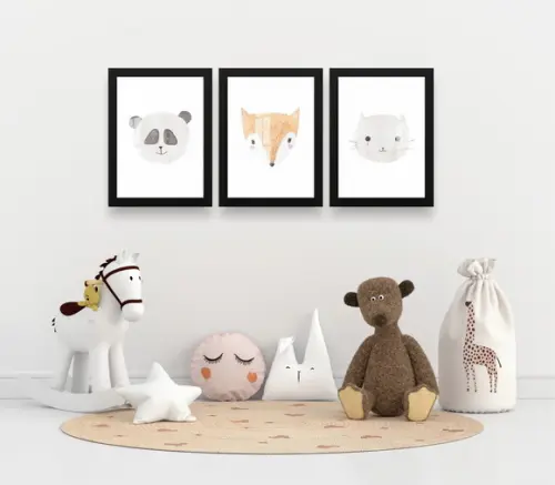 Kit 3 Quadros Decorativos Infantil Animais Moldura e Vidro