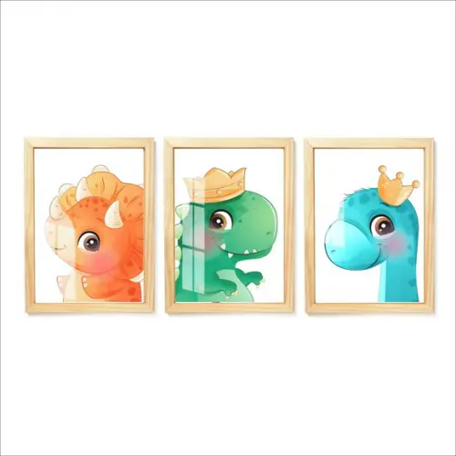 Kit 3 Quadros Decorativos Infantil Dinossauros Moldura Vidro