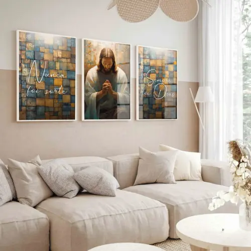 Kit 3 Quadros Decorativos Jesus Cristo Frases Moldura Vidro