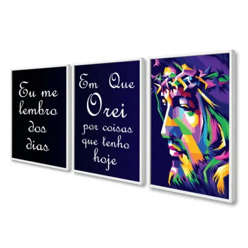 Kit 3 Quadros Decorativos Jesus Cristo Oração com Moldura
