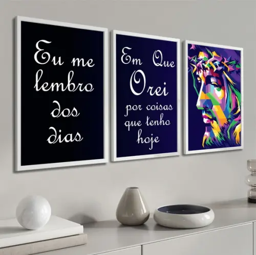 Kit 3 Quadros Decorativos Jesus Cristo Oração com Moldura
