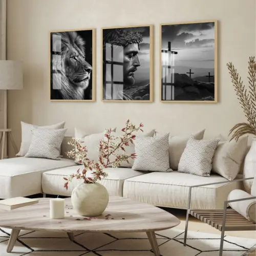 Kit 3 Quadros Decorativos Jesus Cristo Rosto Leão com Vidro