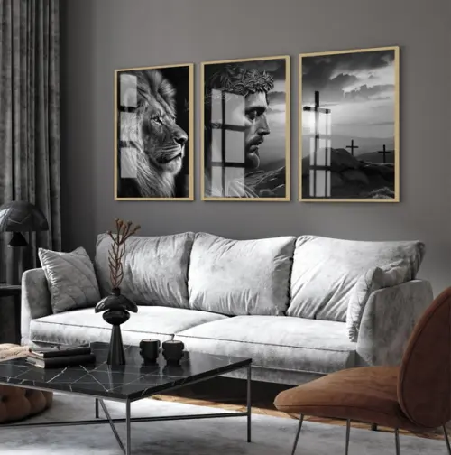 Kit 3 Quadros Decorativos Jesus Cristo Rosto Leão com Vidro