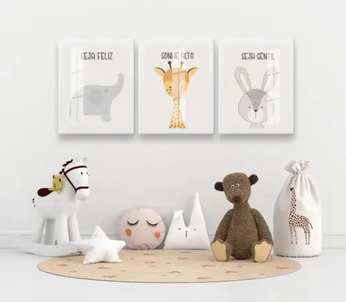 Kit 3 Quadros Decorativos Infantil Frases Com Moldura Vidro