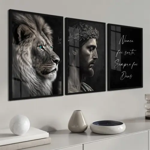 Kit 3 Quadros Decorativos Jesus Leão de Judá Moldura e Vidro