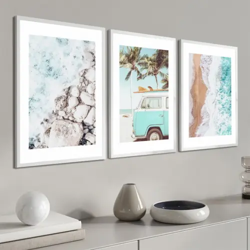 Kit 3 Quadros Decorativos Kombi Mar Paisagem Moderno Moldura