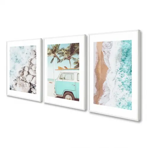 Kit 3 Quadros Decorativos Kombi Mar Paisagem Moderno Moldura