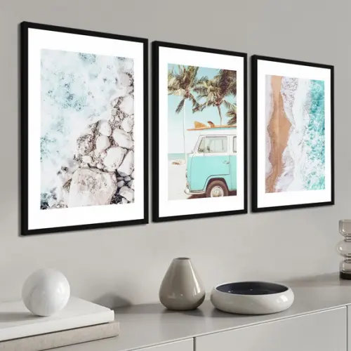 Kit 3 Quadros Decorativos Kombi Paisagem Mar com Moldura