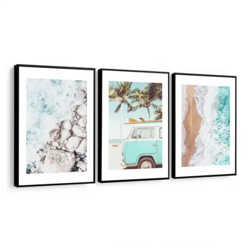 Kit 3 Quadros Decorativos Kombi Paisagem Mar com Moldura