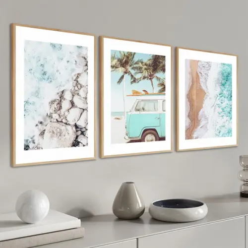 Kit 3 Quadros Decorativos Kombi Paisagem Mar Moderno Moldura