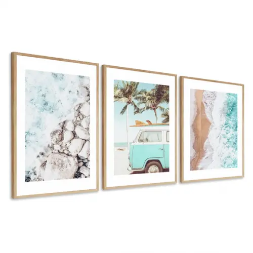 Kit 3 Quadros Decorativos Kombi Paisagem Mar Moderno Moldura