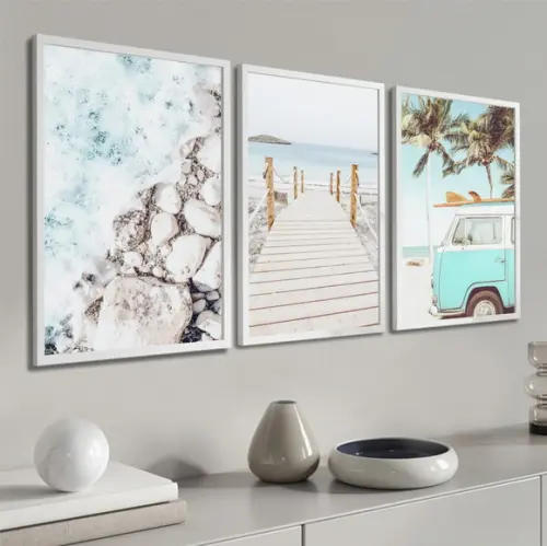 Kit 3 Quadros Decorativos Kombi Praia Mar Paisagem Moldura