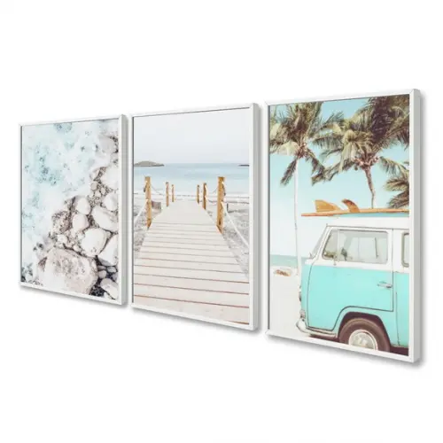 Kit 3 Quadros Decorativos Kombi Praia Mar Paisagem Moldura